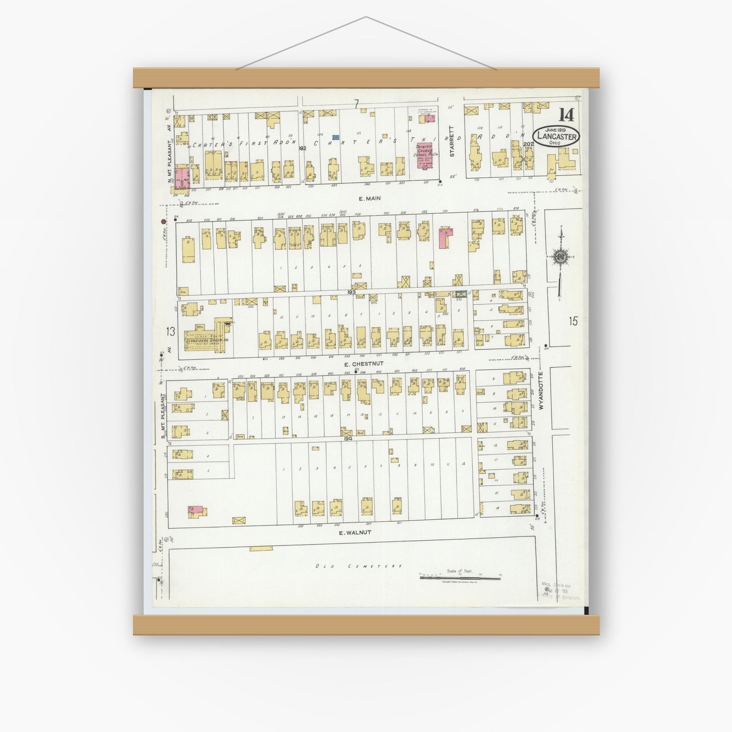 Old map wall art mockup — magnetic wood frame on white wall — Sanborn Fire Insurance Map from Lancaster, Fairfield County, Ohio (1919), Sheet #0014