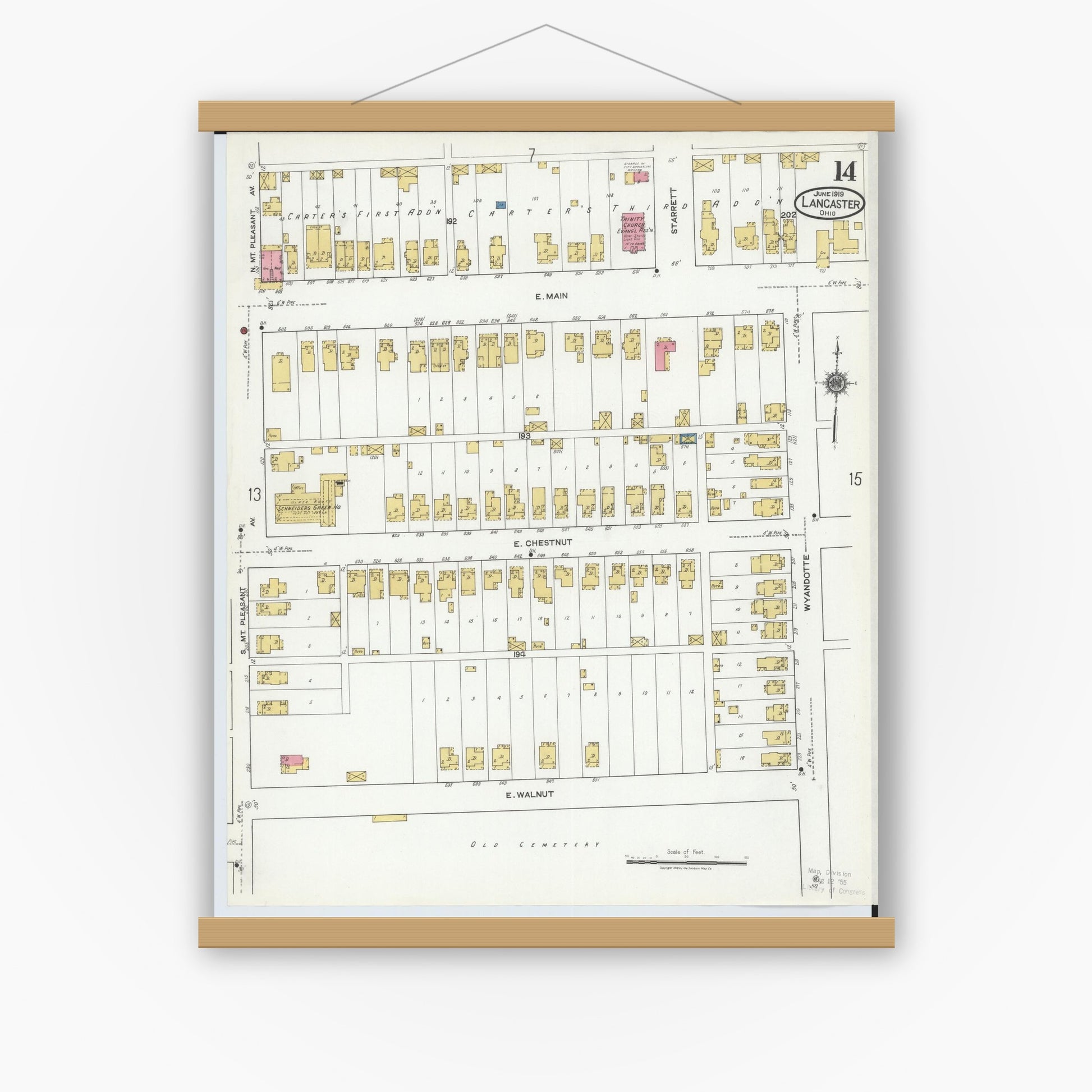 Old map wall art mockup — magnetic wood frame on white wall — Sanborn Fire Insurance Map from Lancaster, Fairfield County, Ohio (1919), Sheet #0014