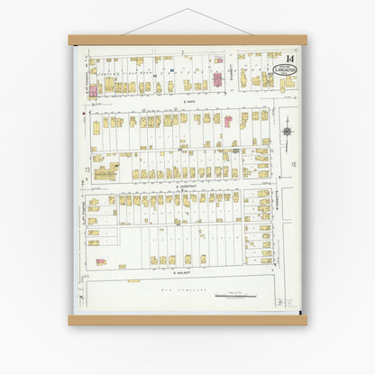 Old map wall art mockup — magnetic wood frame on white wall — Sanborn Fire Insurance Map from Lancaster, Fairfield County, Ohio (1919), Sheet #0014