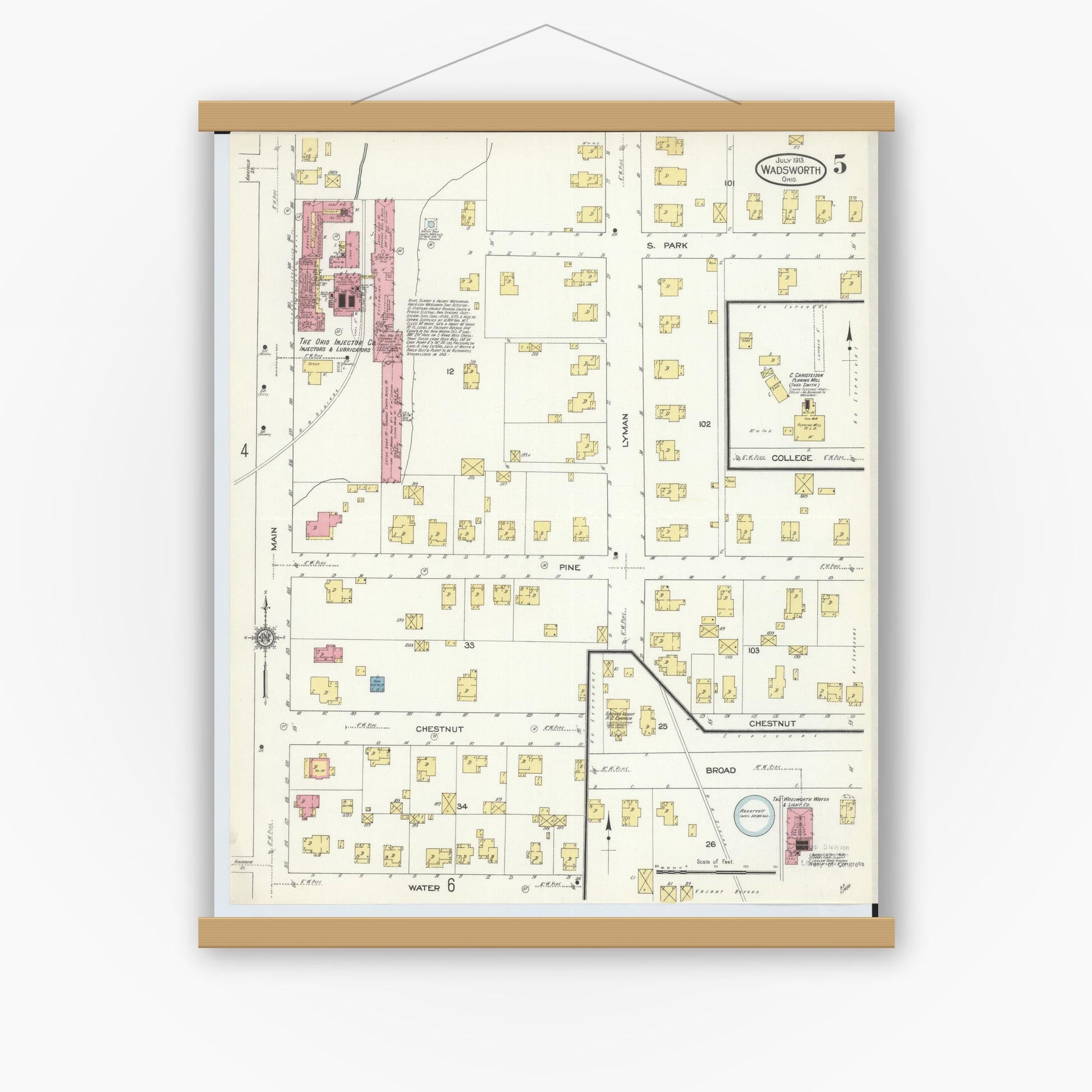 Old map wall art mockup — magnetic wood frame on white wall — Sanborn Fire Insurance Map from Wadsworth, Medina County, Ohio (1913), Sheet #0005