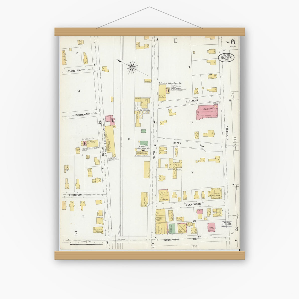 Old map wall art mockup — magnetic wood frame on white wall — Sanborn Fire Insurance Map from Natick, Middlesex County, Massachusetts (1899), Sheet #0006