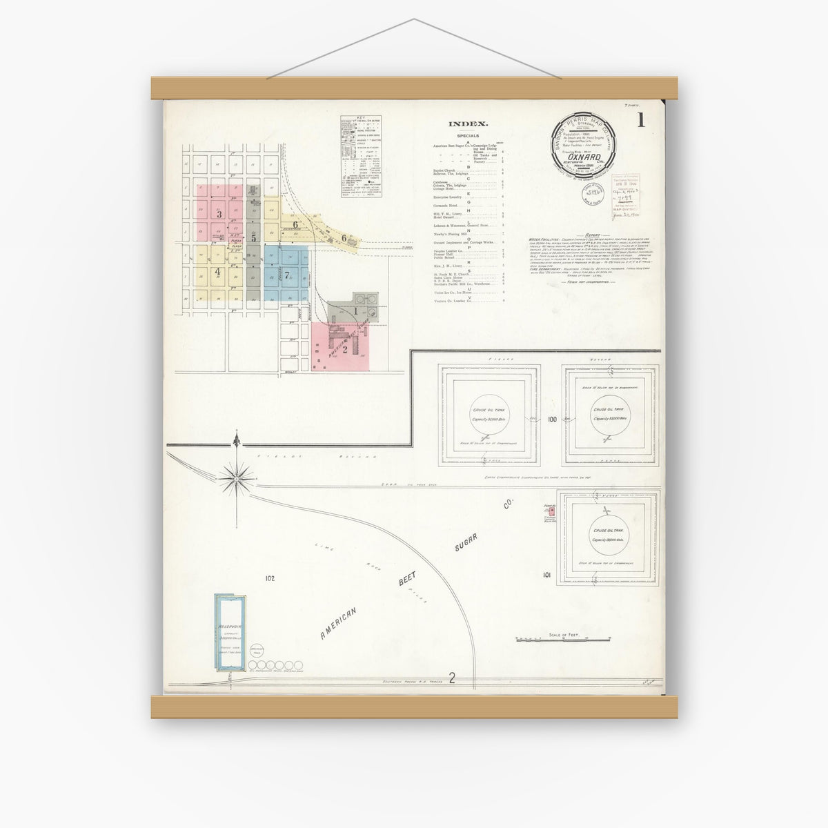 Old map wall art mockup — magnetic wood frame on white wall — Sanborn Fire Insurance Map from Oxnard, Ventura County, California (1900) - Complete Map Set