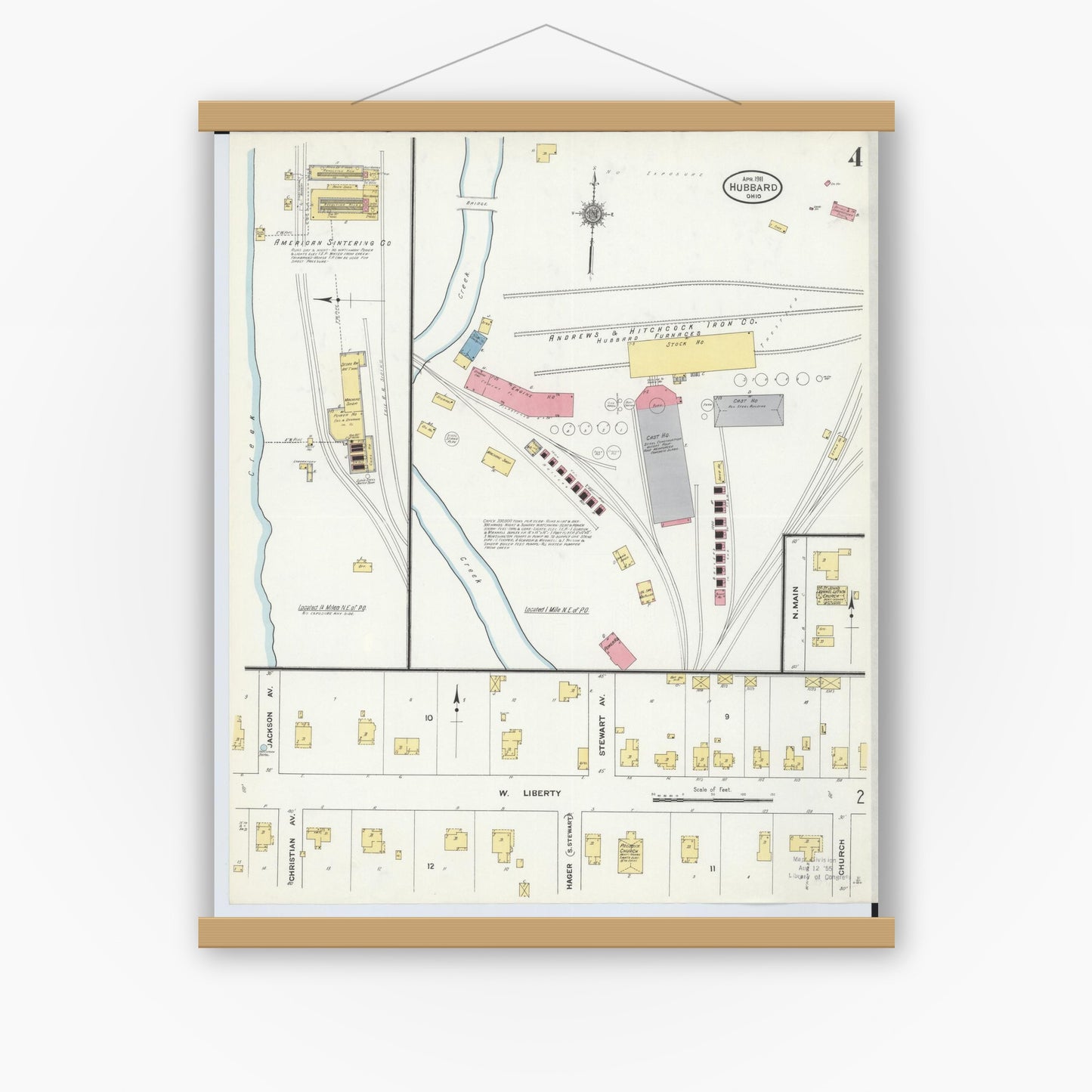 Old map wall art mockup — magnetic wood frame on white wall — Sanborn Fire Insurance Map from Hubbard, Trumbull County, Ohio (1911), Sheet #0004
