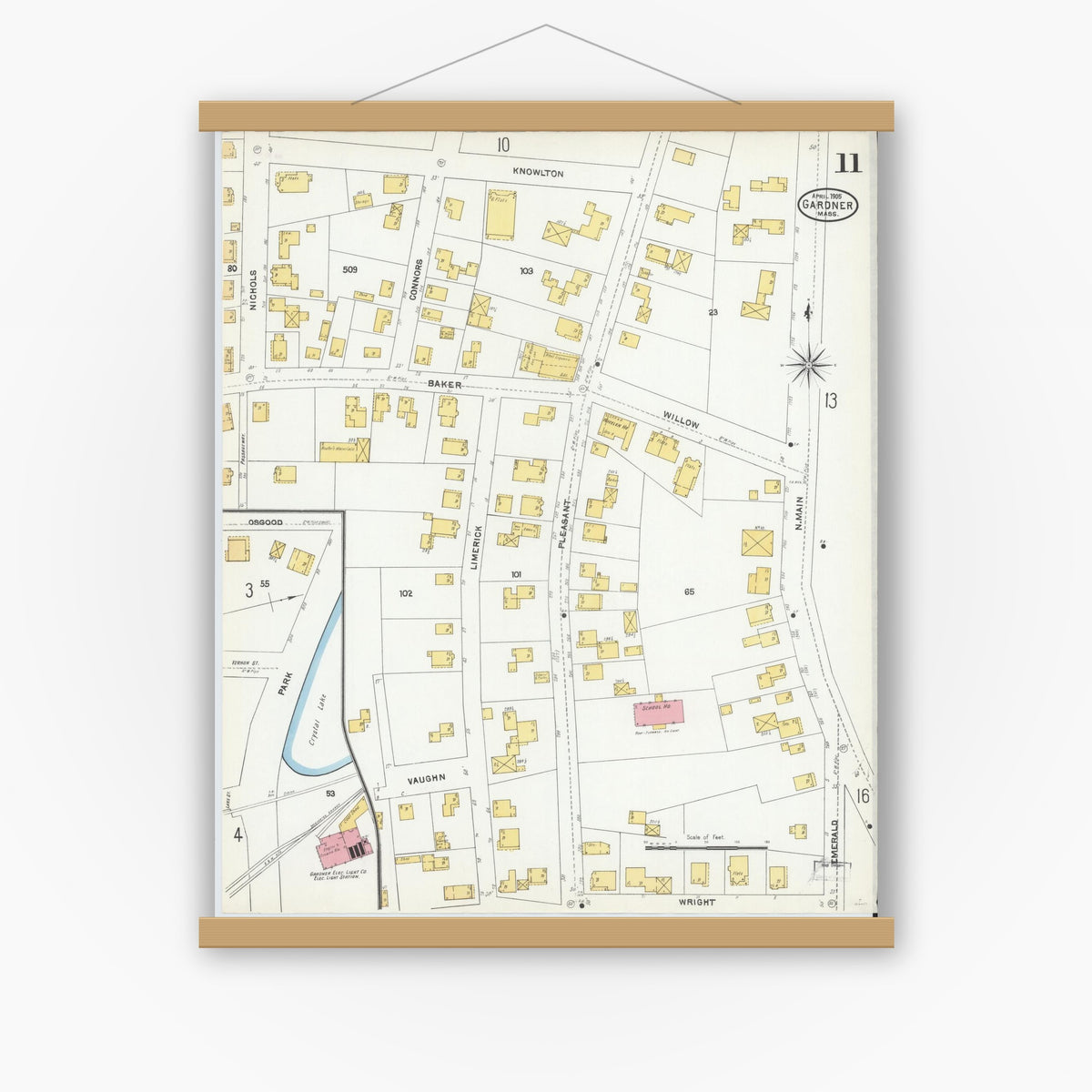 Old map wall art mockup — magnetic wood frame on white wall — Sanborn Fire Insurance Map from Gardner, Worcester County, Massachusetts (1905), Sheet #0011