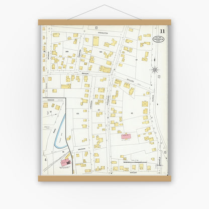 Old map wall art mockup — magnetic wood frame on white wall — Sanborn Fire Insurance Map from Gardner, Worcester County, Massachusetts (1905), Sheet #0011