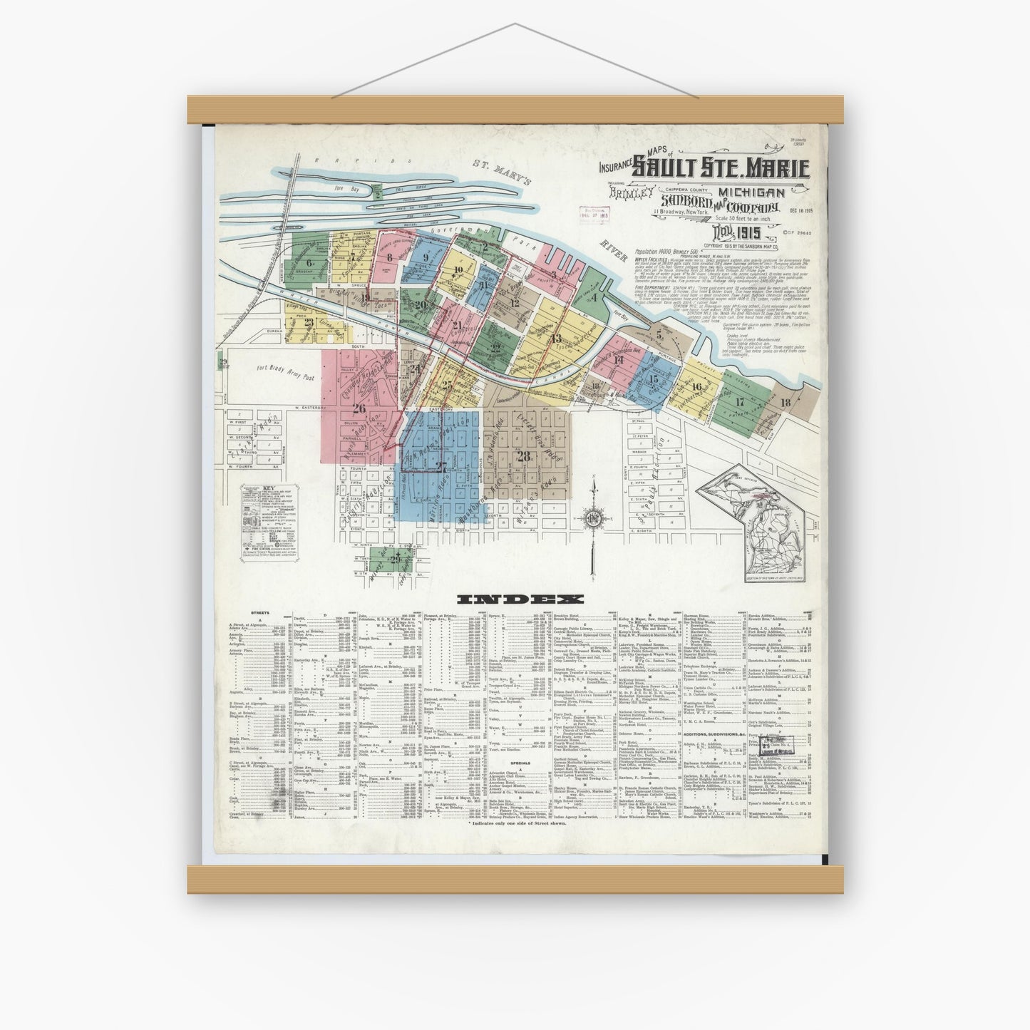 Old map wall art mockup — magnetic wood frame on white wall — Sanborn Fire Insurance Map from Sault Sainte Marie, Chippewa County, Michigan (1915) - Complete Map Set