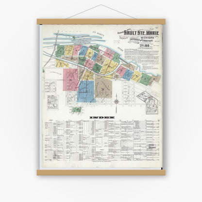 Old map wall art mockup — magnetic wood frame on white wall — Sanborn Fire Insurance Map from Sault Sainte Marie, Chippewa County, Michigan (1915) - Complete Map Set