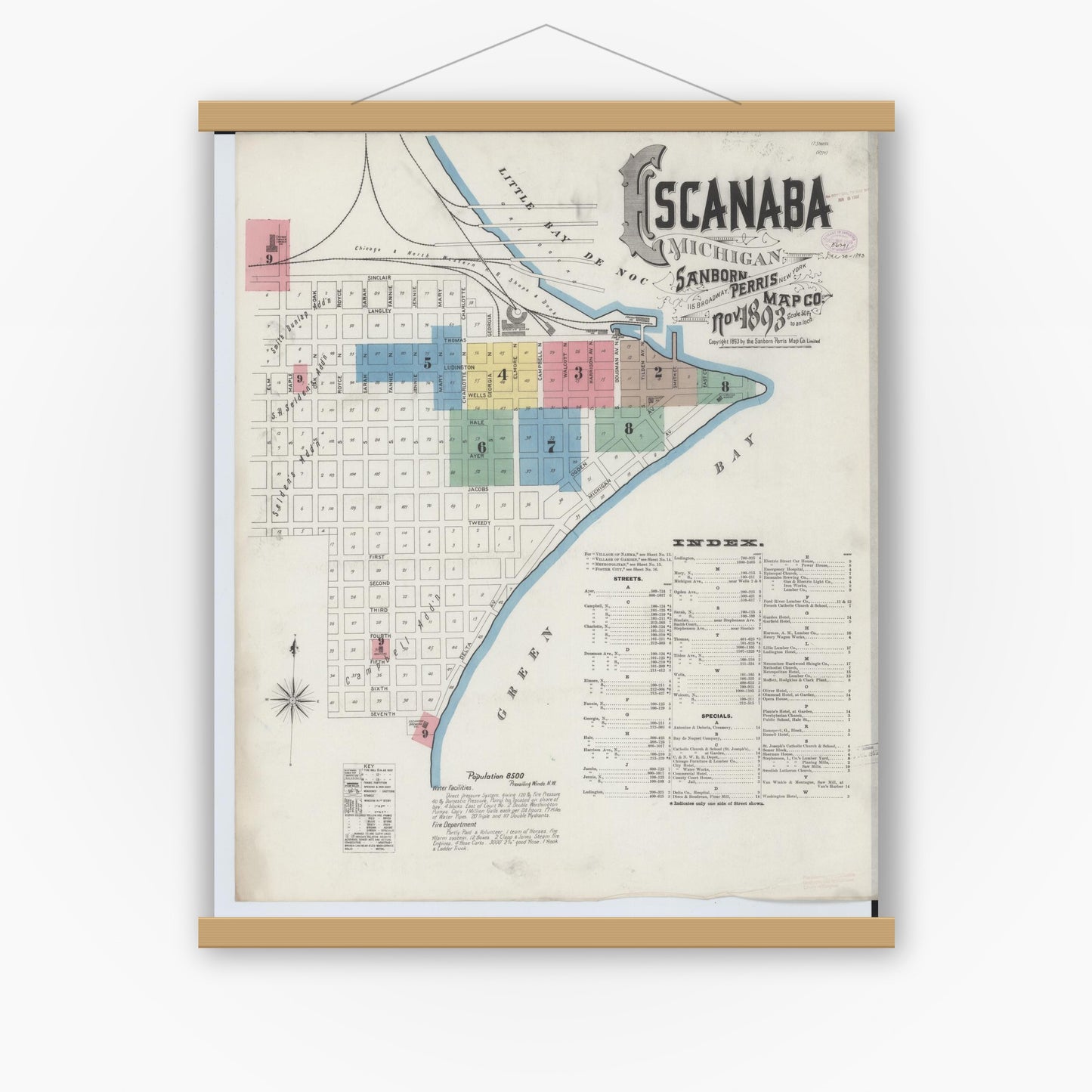Old map wall art mockup — magnetic wood frame on white wall — Sanborn Fire Insurance Map from Escanaba, Delta County, Michigan (1893) - Complete Map Set