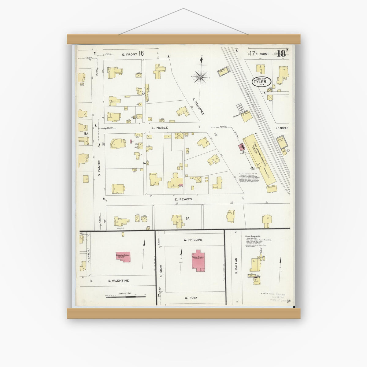 Old map wall art mockup — magnetic wood frame on white wall — Sanborn Fire Insurance Map from Tyler, Smith County, Texas (1907), Sheet #0018