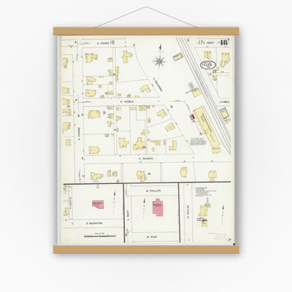 Old map wall art mockup — magnetic wood frame on white wall — Sanborn Fire Insurance Map from Tyler, Smith County, Texas (1907), Sheet #0018