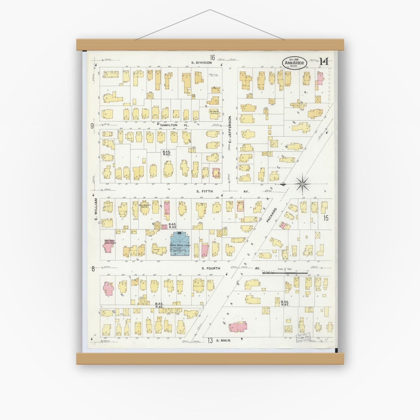 Old map wall art mockup — magnetic wood frame on white wall — Sanborn Fire Insurance Map from Ann Arbor, Washtenaw County, Michigan (1908), Sheet #0014