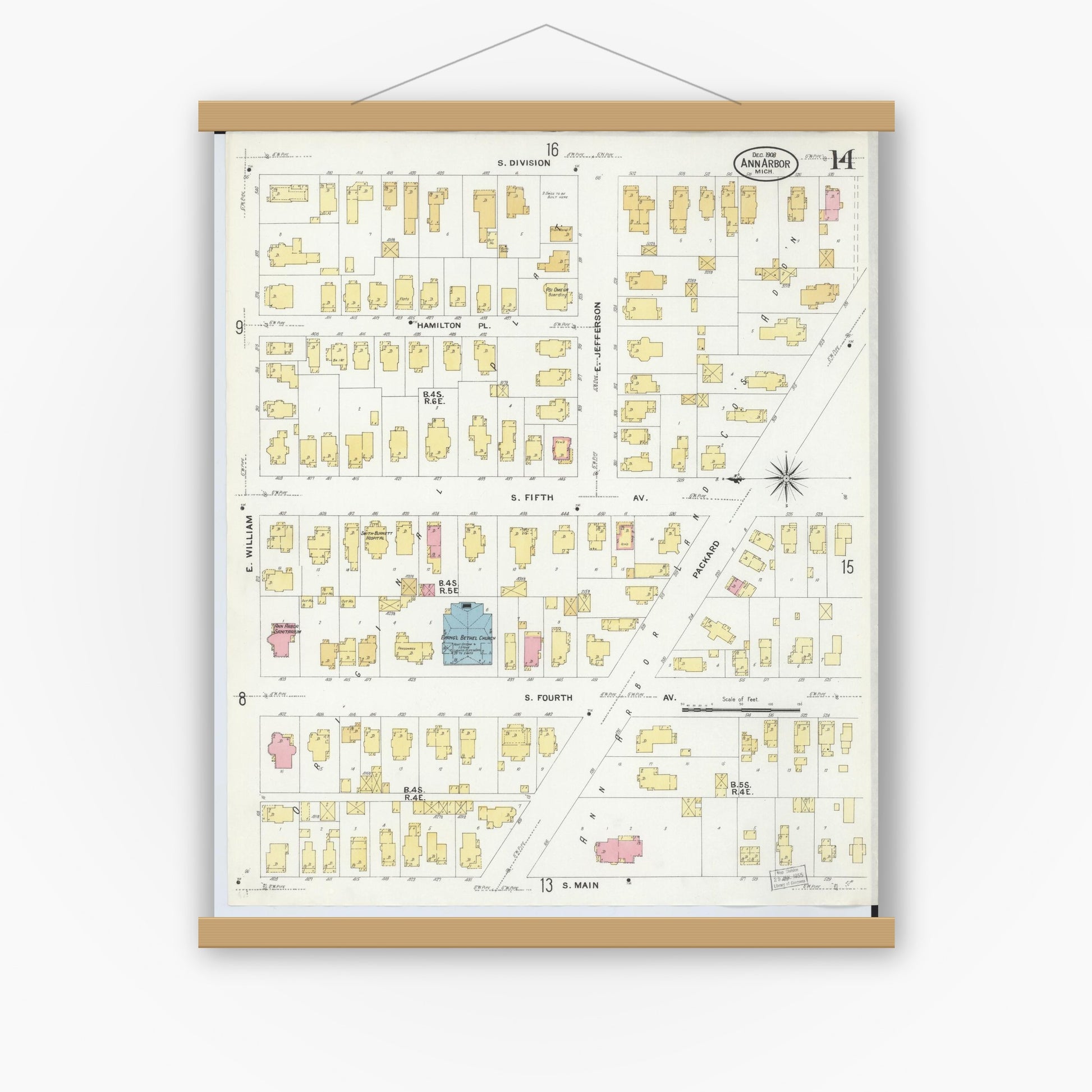 Old map wall art mockup — magnetic wood frame on white wall — Sanborn Fire Insurance Map from Ann Arbor, Washtenaw County, Michigan (1908), Sheet #0014