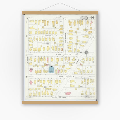 Old map wall art mockup — magnetic wood frame on white wall — Sanborn Fire Insurance Map from Ann Arbor, Washtenaw County, Michigan (1908), Sheet #0014