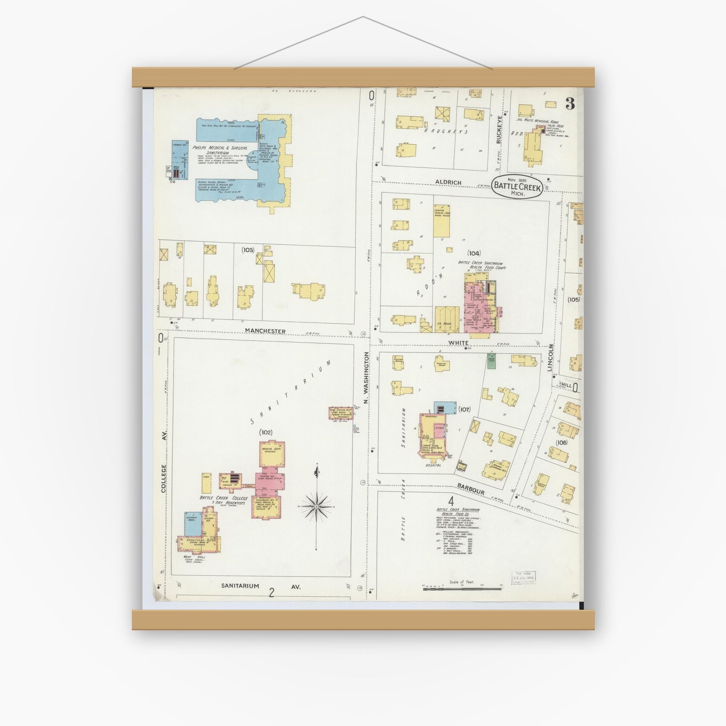 Old map wall art mockup — magnetic wood frame on white wall — Sanborn Fire Insurance Map from Battle Creek, Calhoun County, Michigan (1899), Sheet #0003