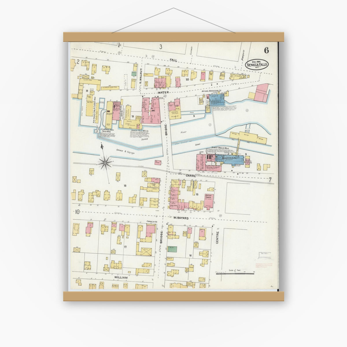 Old map wall art mockup — magnetic wood frame on white wall — Sanborn Fire Insurance Map from Seneca Falls, Seneca County, New York (1904), Sheet #0006