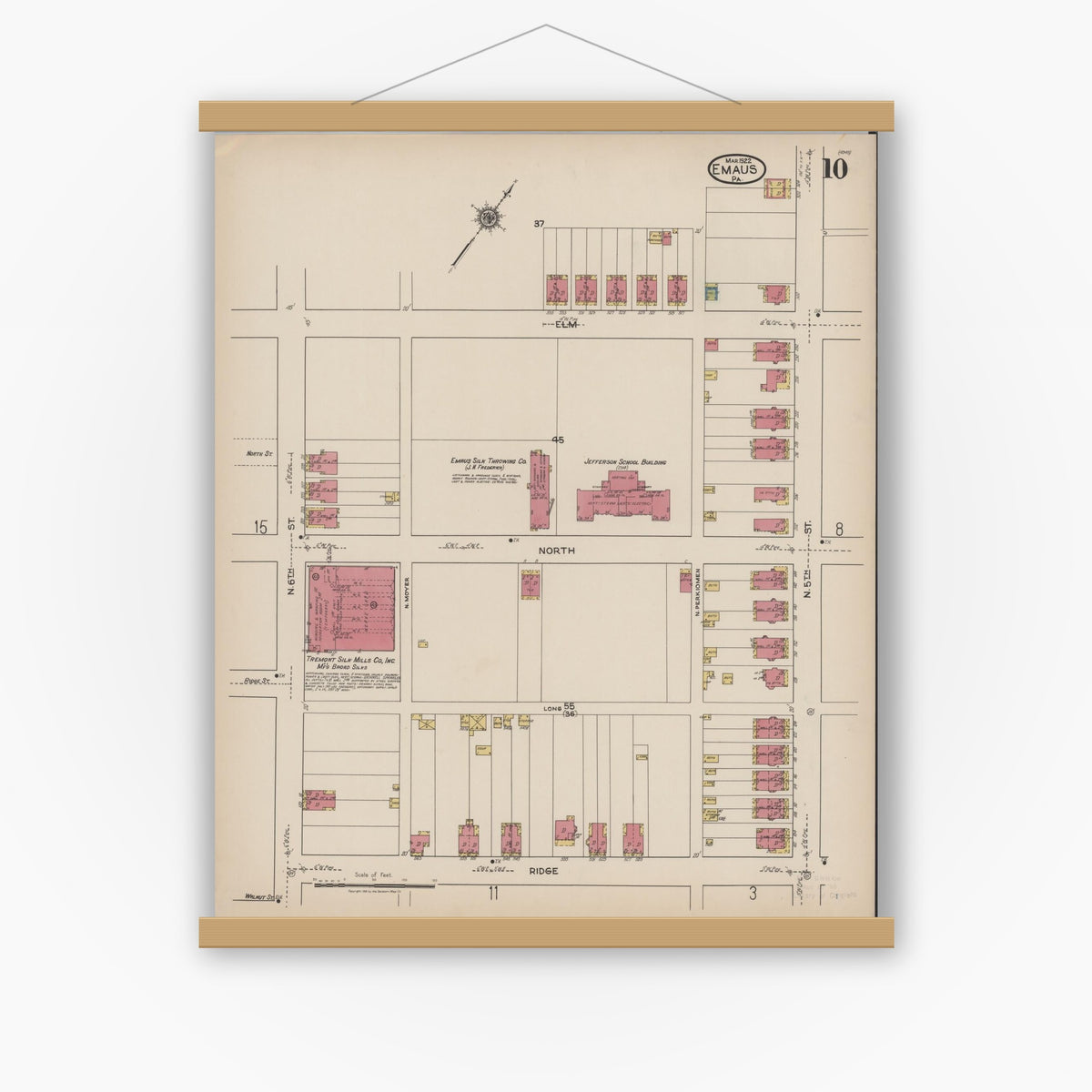 Old map wall art mockup — magnetic wood frame on white wall — Sanborn Fire Insurance Map from Emaus, Lehigh County, Pennsylvania (1922), Sheet #0010