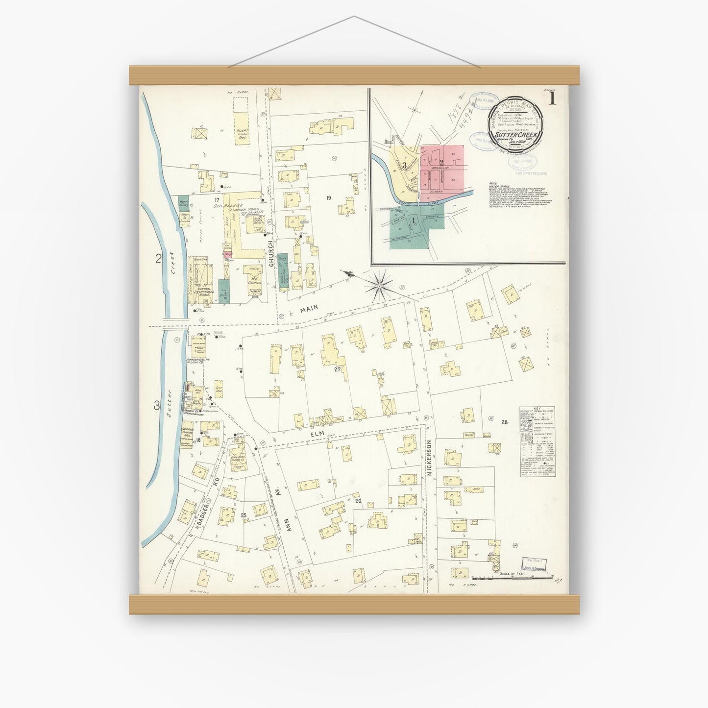 Old map wall art mockup — magnetic wood frame on white wall — Sanborn Fire Insurance Map from Sutter Creek, Amador County, California (1898) - Complete Map Set