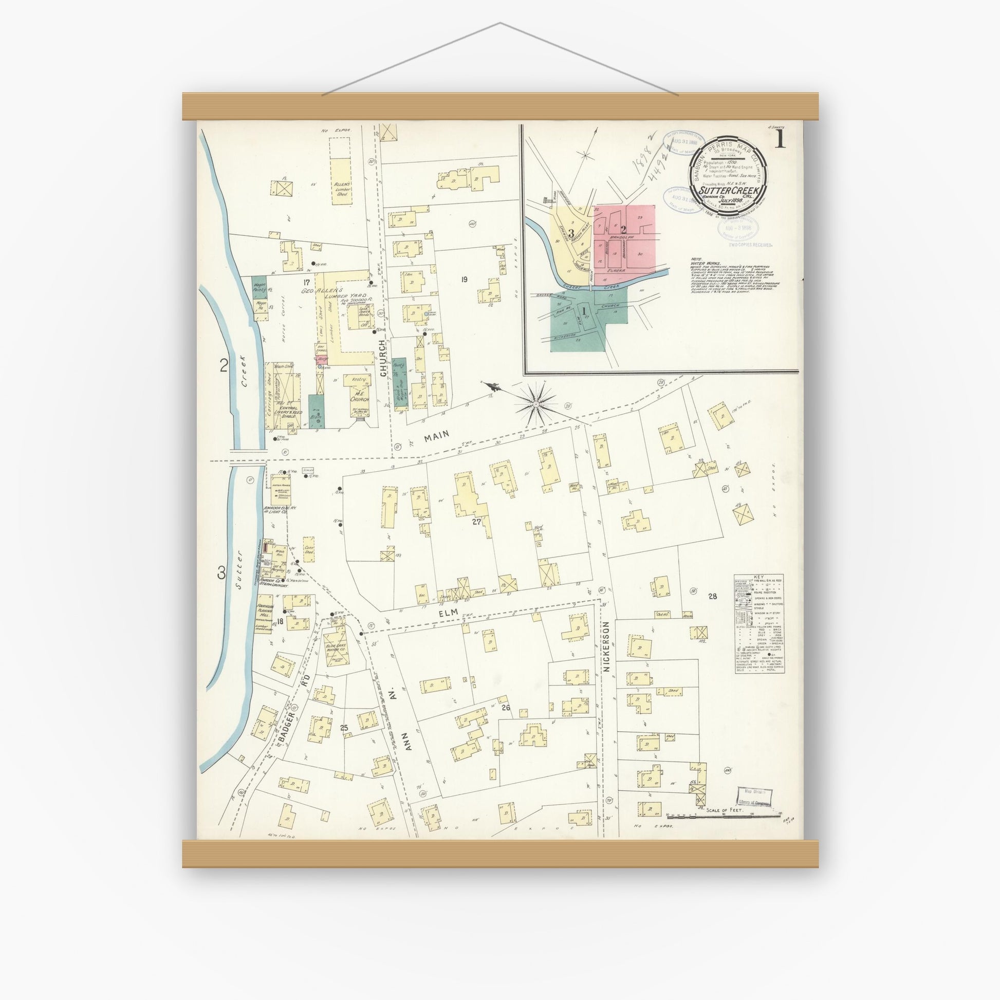 Old map wall art mockup — magnetic wood frame on white wall — Sanborn Fire Insurance Map from Sutter Creek, Amador County, California (1898) - Complete Map Set