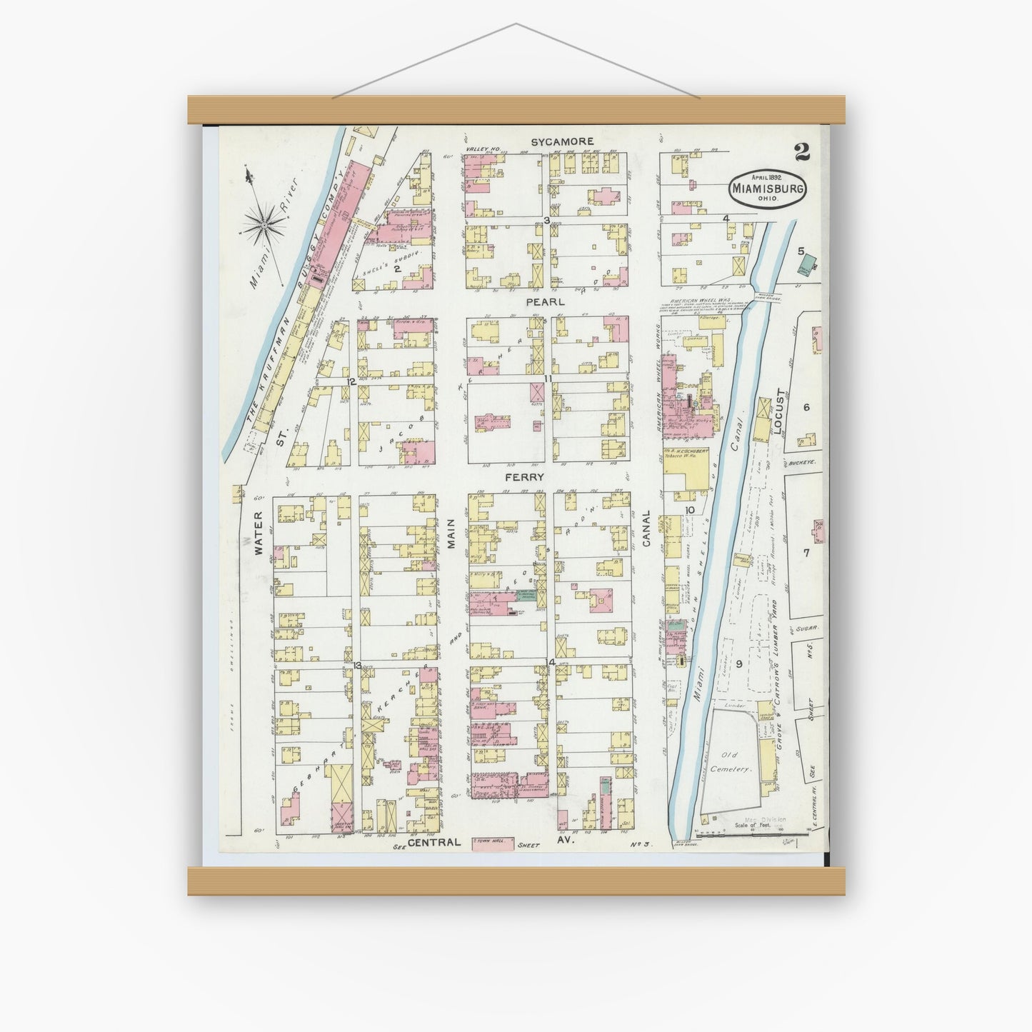 Old map wall art mockup — magnetic wood frame on white wall — Sanborn Fire Insurance Map from Miamisburg, Montgomery County, Ohio (1892), Sheet #0002