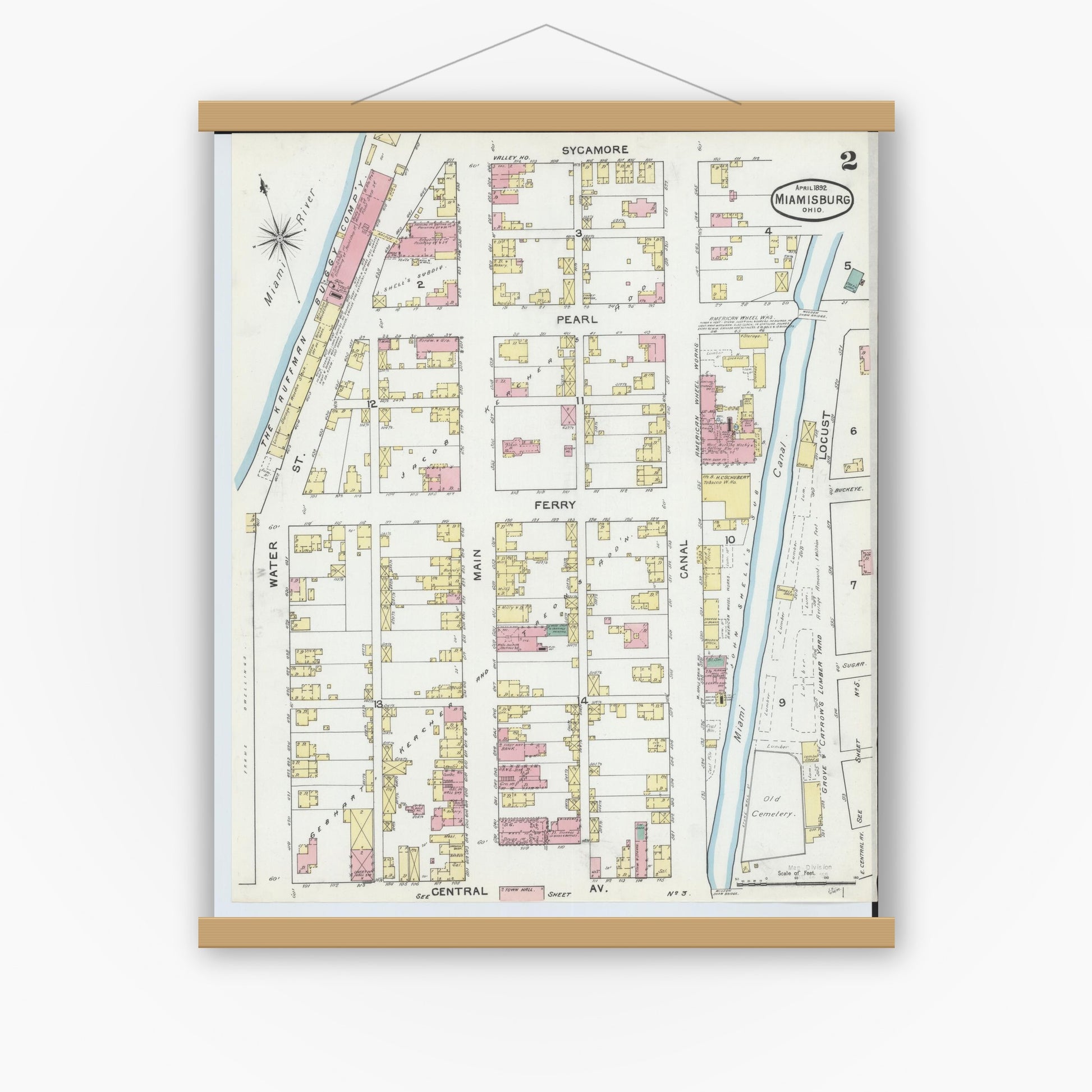 Old map wall art mockup — magnetic wood frame on white wall — Sanborn Fire Insurance Map from Miamisburg, Montgomery County, Ohio (1892), Sheet #0002