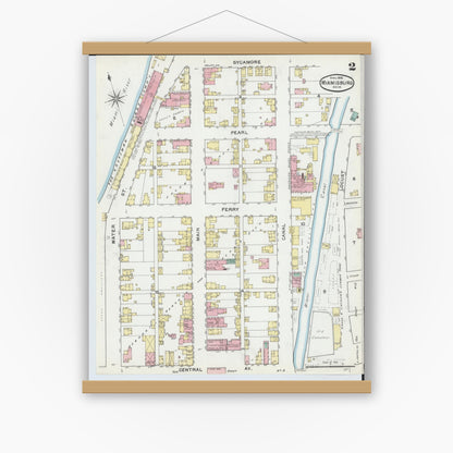 Old map wall art mockup — magnetic wood frame on white wall — Sanborn Fire Insurance Map from Miamisburg, Montgomery County, Ohio (1892), Sheet #0002