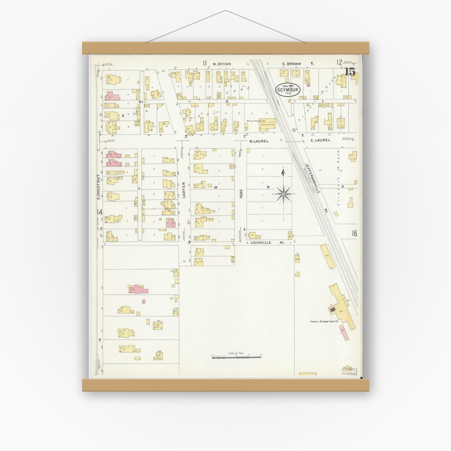 Old map wall art mockup — magnetic wood frame on white wall — Sanborn Fire Insurance Map from Seymour, Jackson County, Indiana (1907), Sheet #0015