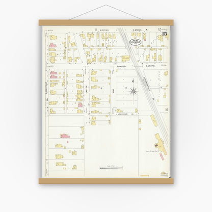Old map wall art mockup — magnetic wood frame on white wall — Sanborn Fire Insurance Map from Seymour, Jackson County, Indiana (1907), Sheet #0015