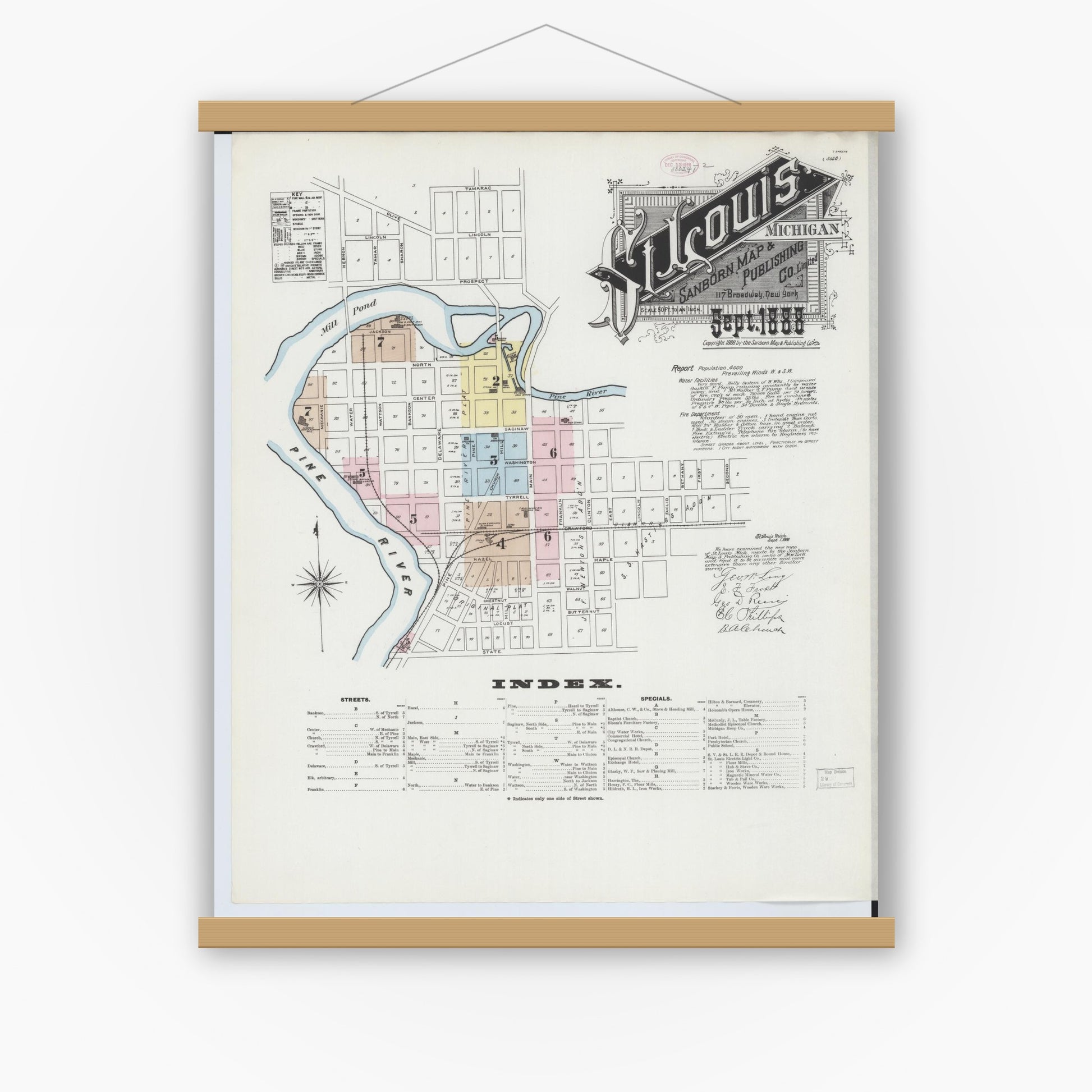 Old map wall art mockup — magnetic wood frame on white wall — Sanborn Fire Insurance Map from Saint Louis, Gratiot County, Michigan (1888) - Complete Map Set