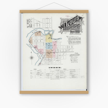 Old map wall art mockup — magnetic wood frame on white wall — Sanborn Fire Insurance Map from Saint Louis, Gratiot County, Michigan (1888) - Complete Map Set