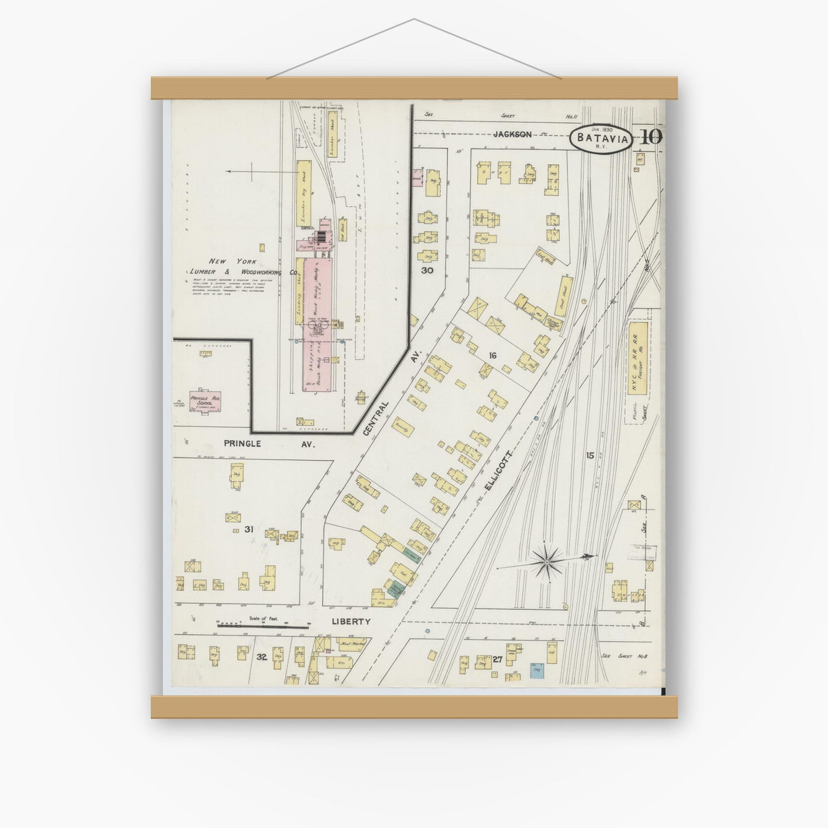 Old map wall art mockup — magnetic wood frame on white wall — Sanborn Fire Insurance Map from Batavia, Genesee County, New York (1890), Sheet #0010