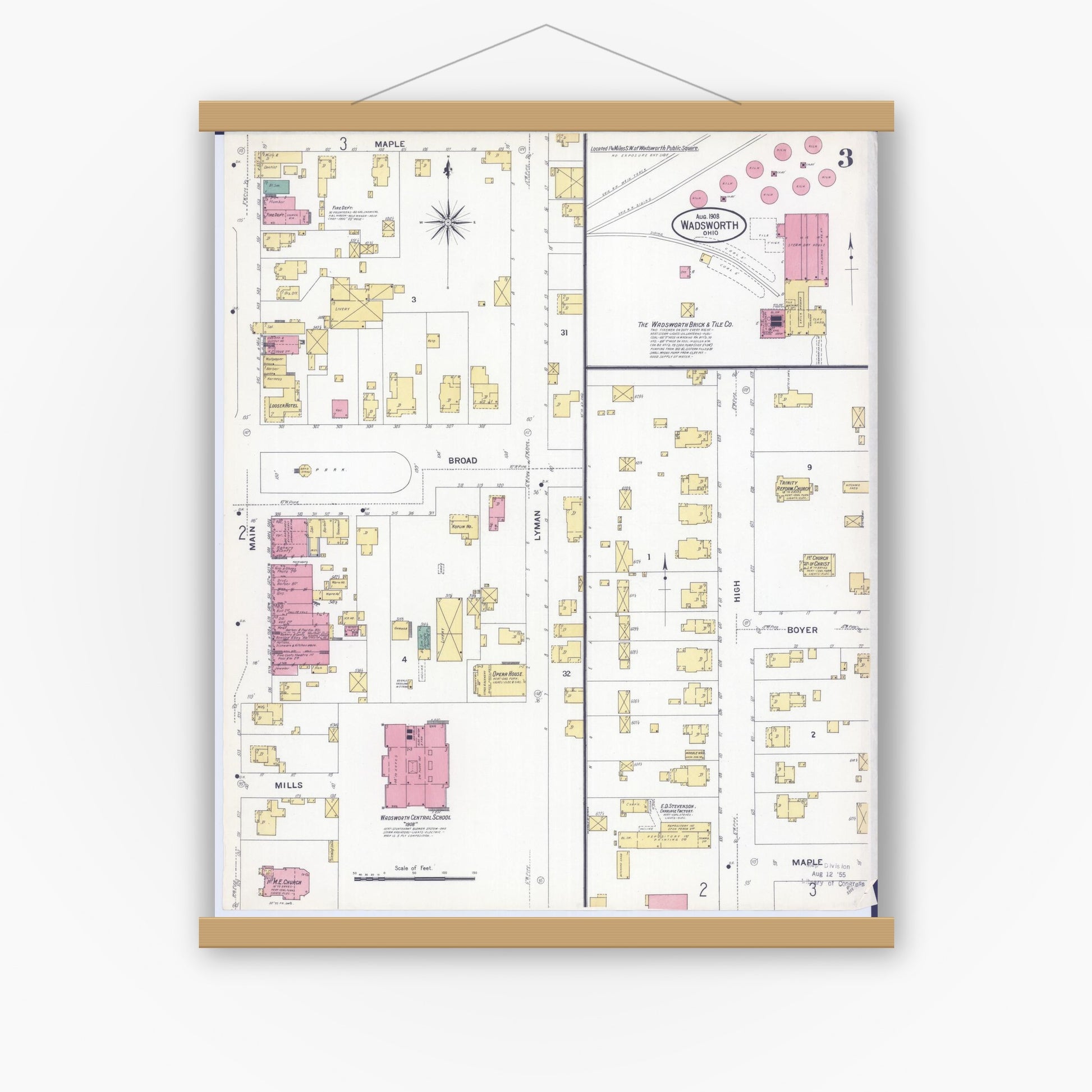 Old map wall art mockup — magnetic wood frame on white wall — Sanborn Fire Insurance Map from Wadsworth, Medina County, Ohio (1908), Sheet #0003