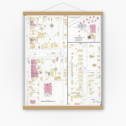 Old map wall art mockup — magnetic wood frame on white wall — Sanborn Fire Insurance Map from Wadsworth, Medina County, Ohio (1908), Sheet #0003