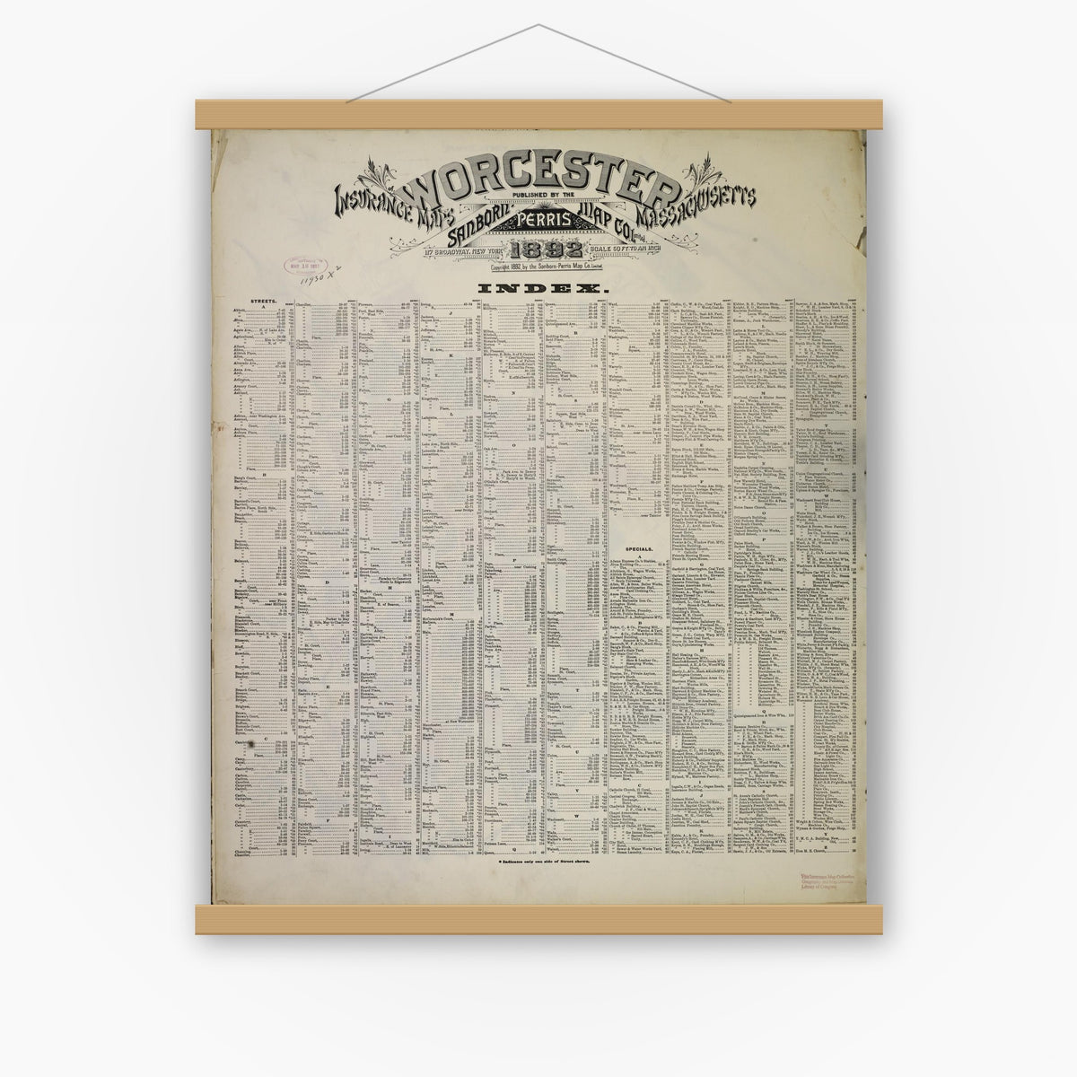 Old map wall art mockup — magnetic wood frame on white wall — Sanborn Fire Insurance Map from Worcester, Worcester County, Massachusetts (1892), Sheet #0001
