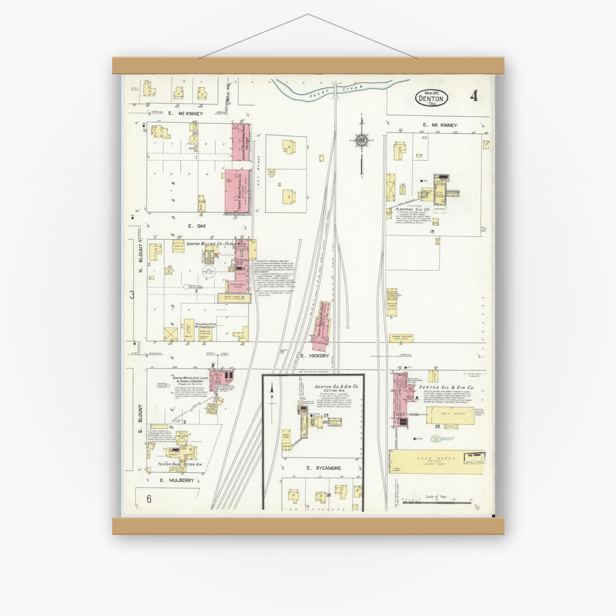 Old map wall art mockup — magnetic wood frame on white wall — Sanborn Fire Insurance Map from Denton, Denton County, Texas (1912), Sheet #0004