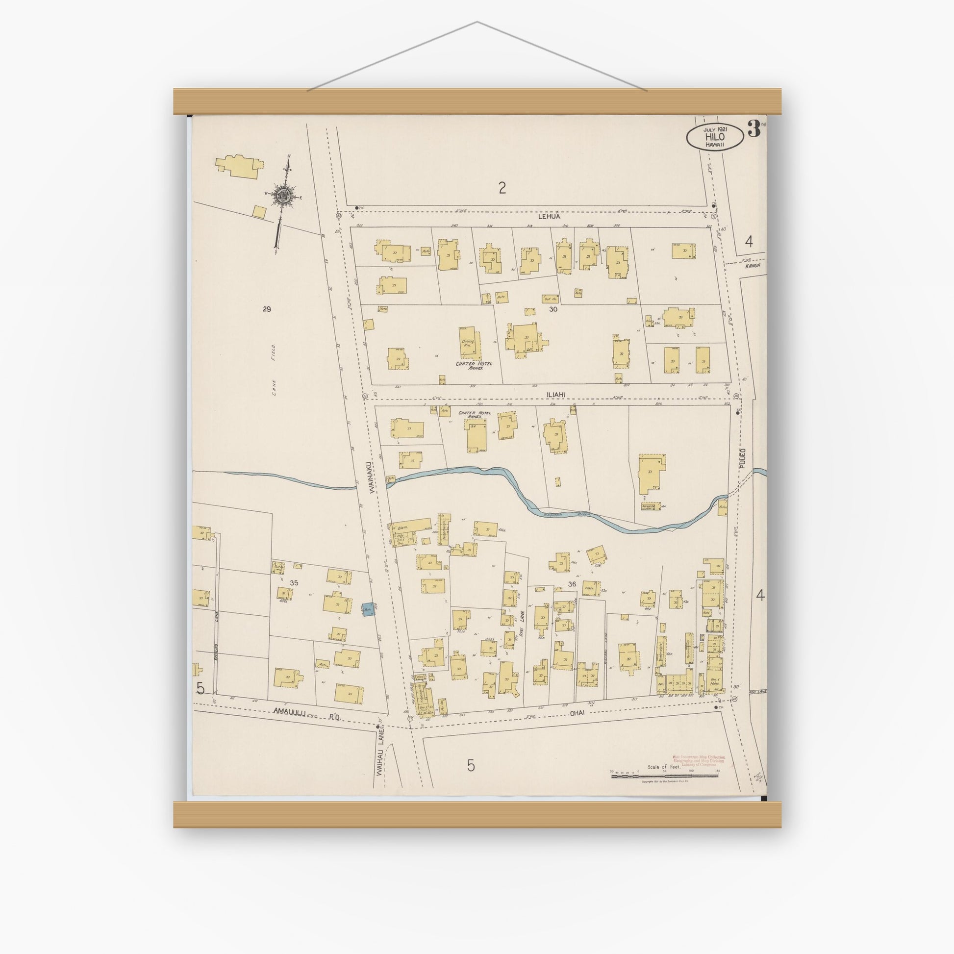 Old map wall art mockup — magnetic wood frame on white wall — Sanborn Fire Insurance Map from Hilo, Hawaii County, Hawaii (1921), Sheet #0003