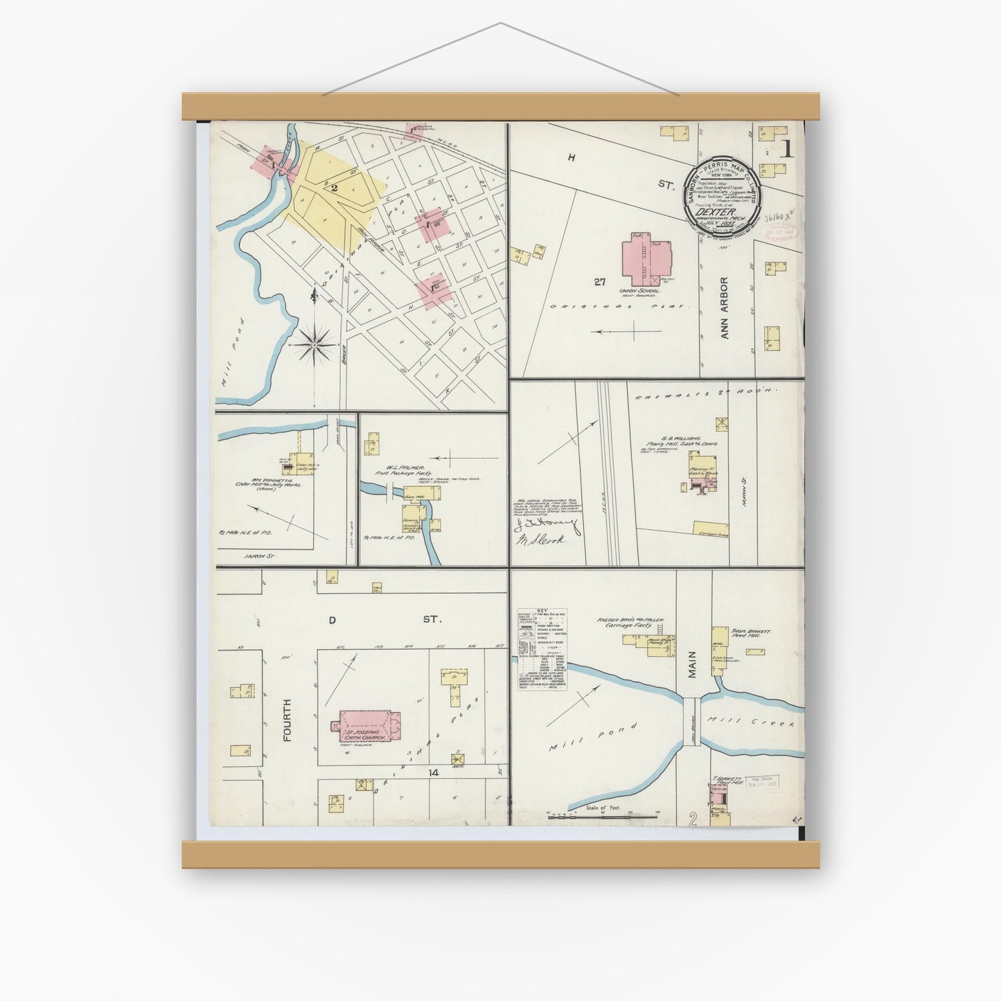 Old map wall art mockup — magnetic wood frame on white wall — Sanborn Fire Insurance Map from Dexter, Washtenaw County, Michigan (1892) - Complete Map Set