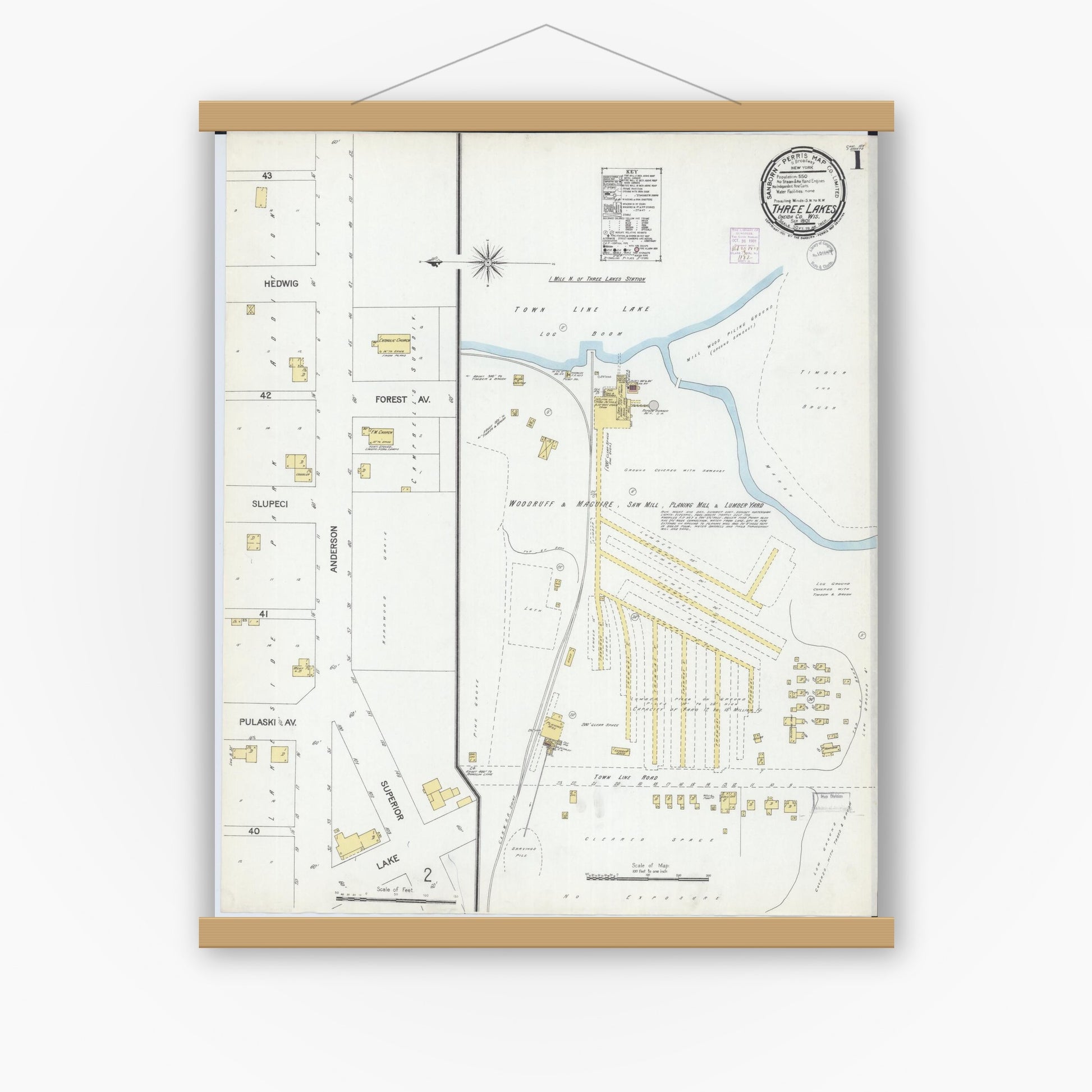 Old map wall art mockup — magnetic wood frame on white wall — Sanborn Fire Insurance Map from Three Lakes, Oneida County, Wisconsin (1901), Sheet #0001