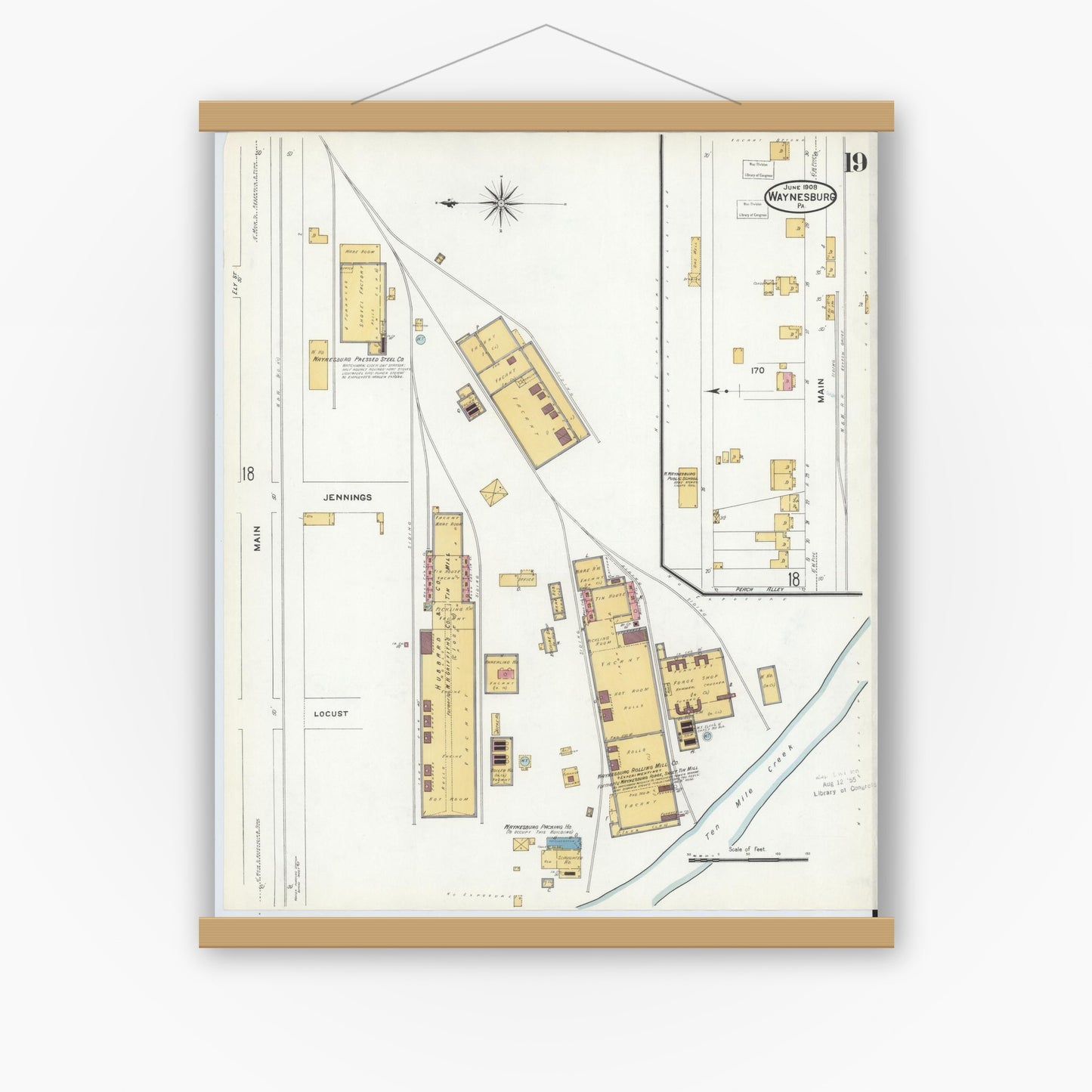 Old map wall art mockup — magnetic wood frame on white wall — Sanborn Fire Insurance Map from Waynesburg, Greene County, Pennsylvania (1908), Sheet #0019