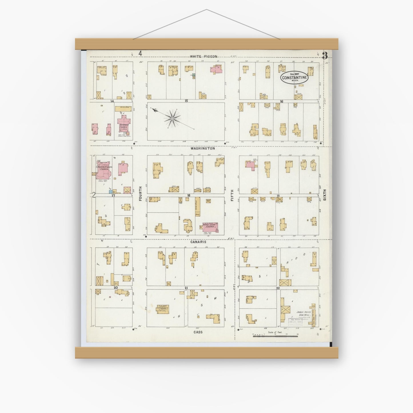 Old map wall art mockup — magnetic wood frame on white wall — Sanborn Fire Insurance Map from Constantine, Saint Joseph County, Michigan (1897), Sheet #0003