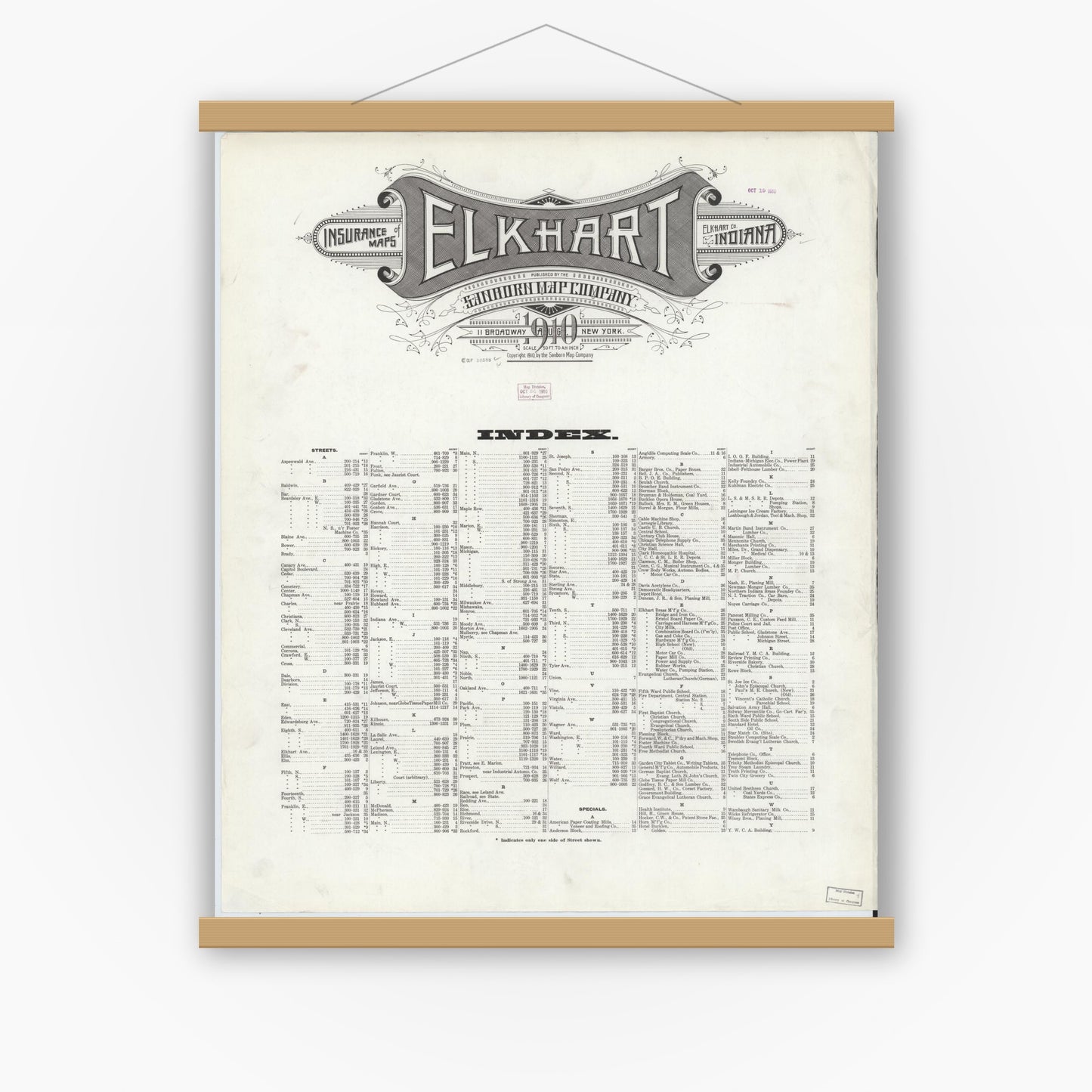 Old map wall art mockup — magnetic wood frame on white wall — Sanborn Fire Insurance Map from Elkhart, Elkhart County, Indiana (1910), Sheet #0001