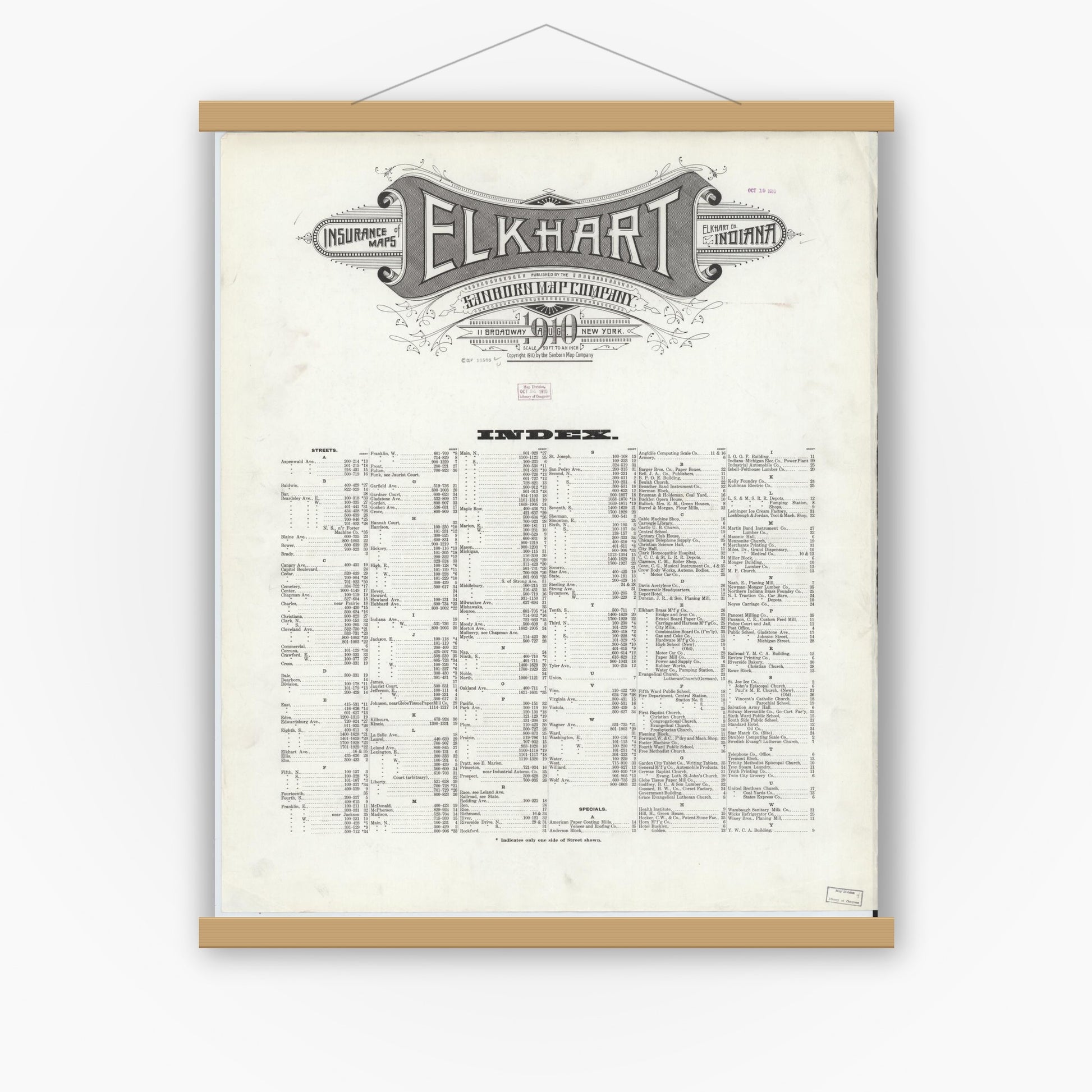 Old map wall art mockup — magnetic wood frame on white wall — Sanborn Fire Insurance Map from Elkhart, Elkhart County, Indiana (1910), Sheet #0001