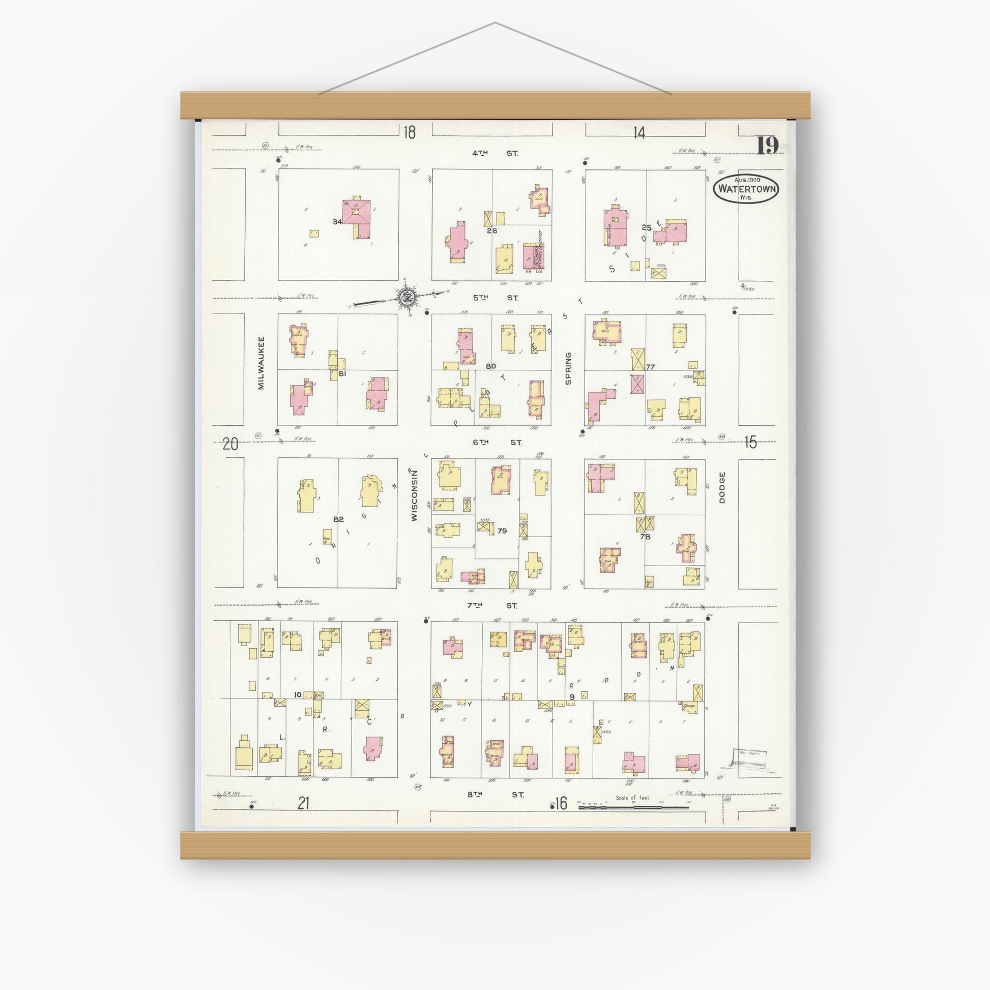 Old map wall art mockup — magnetic wood frame on white wall — Sanborn Fire Insurance Map from Watertown, Jefferson County, Wisconsin (1909), Sheet #0019