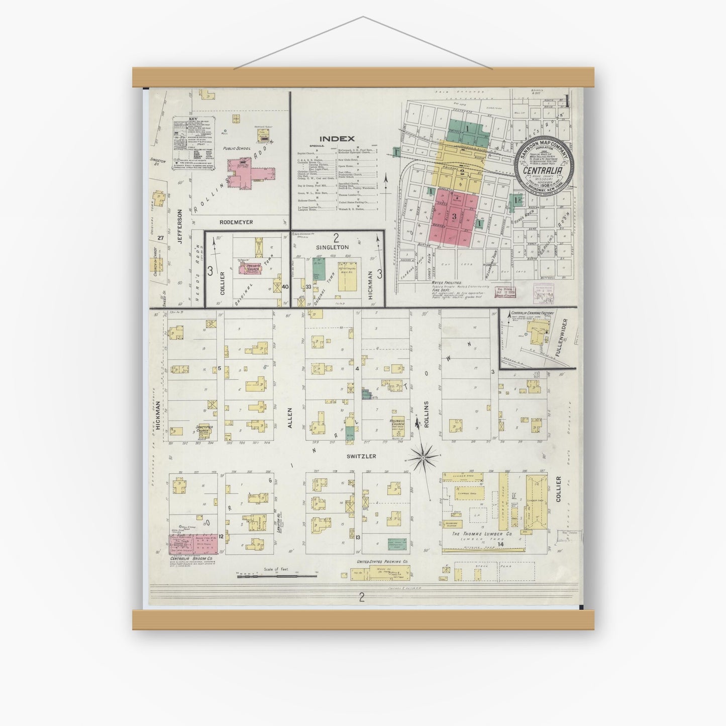 Old map wall art mockup — magnetic wood frame on white wall — Sanborn Fire Insurance Map from Centralia, Boone County, Missouri (1908) - Complete Map Set