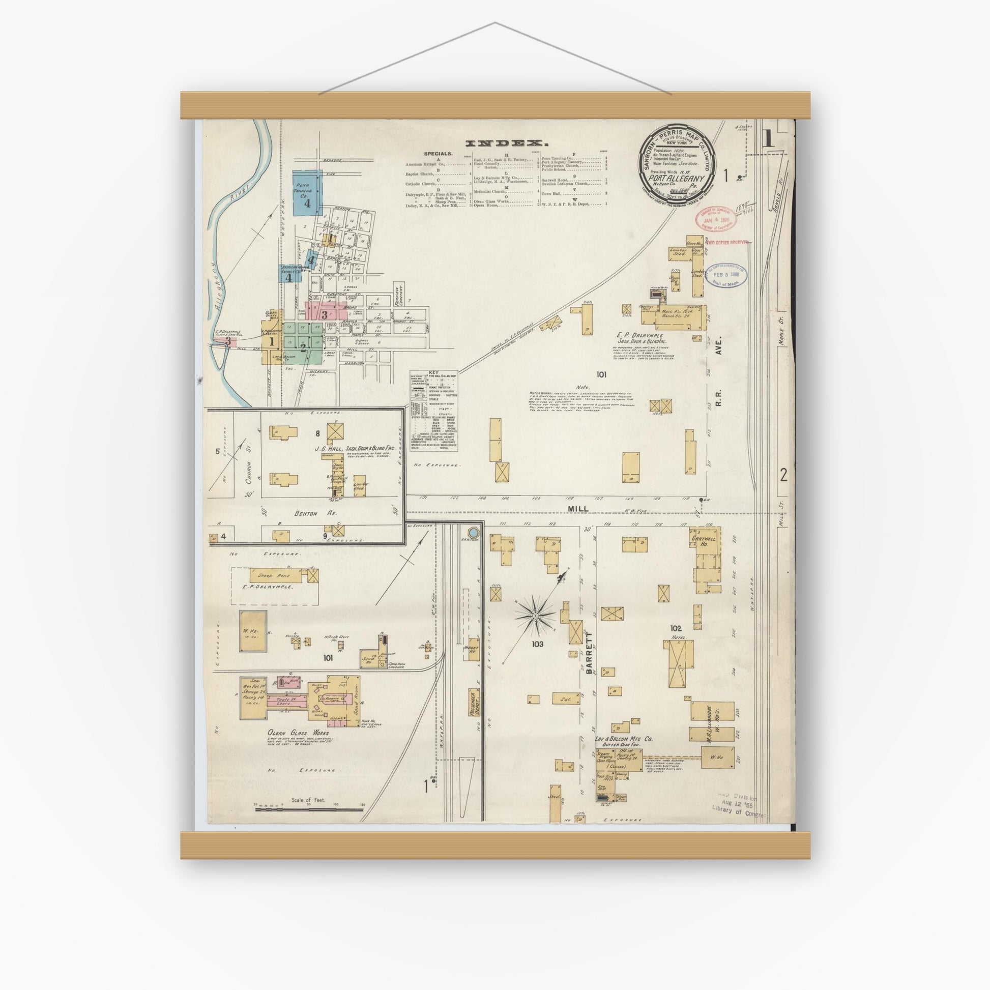 Old map wall art mockup — magnetic wood frame on white wall — Sanborn Fire Insurance Map from Port Allegany, McKean County, Pennsylvania (1897) - Complete Map Set
