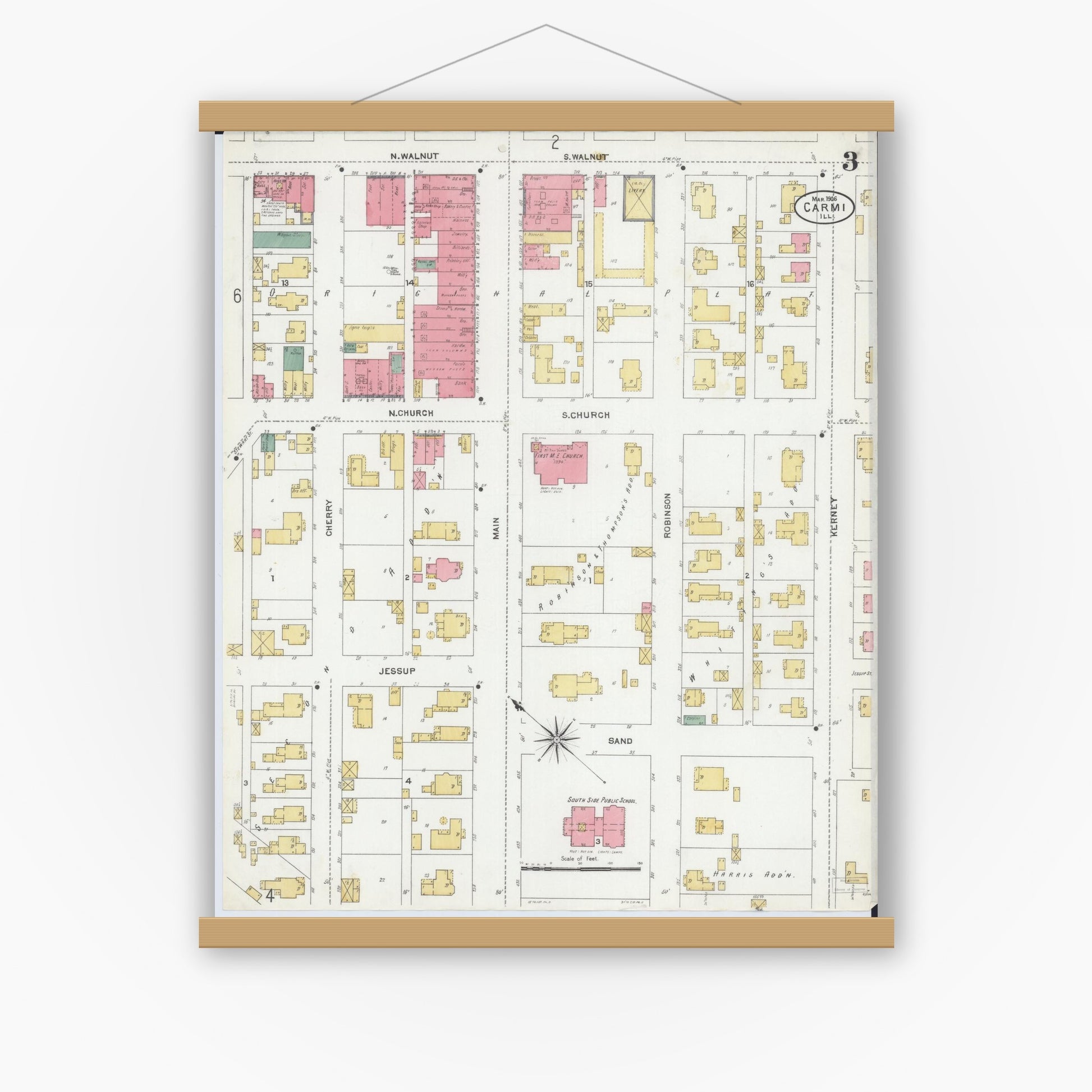 Old map wall art mockup — magnetic wood frame on white wall — Sanborn Fire Insurance Map from Carmi, White County, Illinois (1906), Sheet #0003