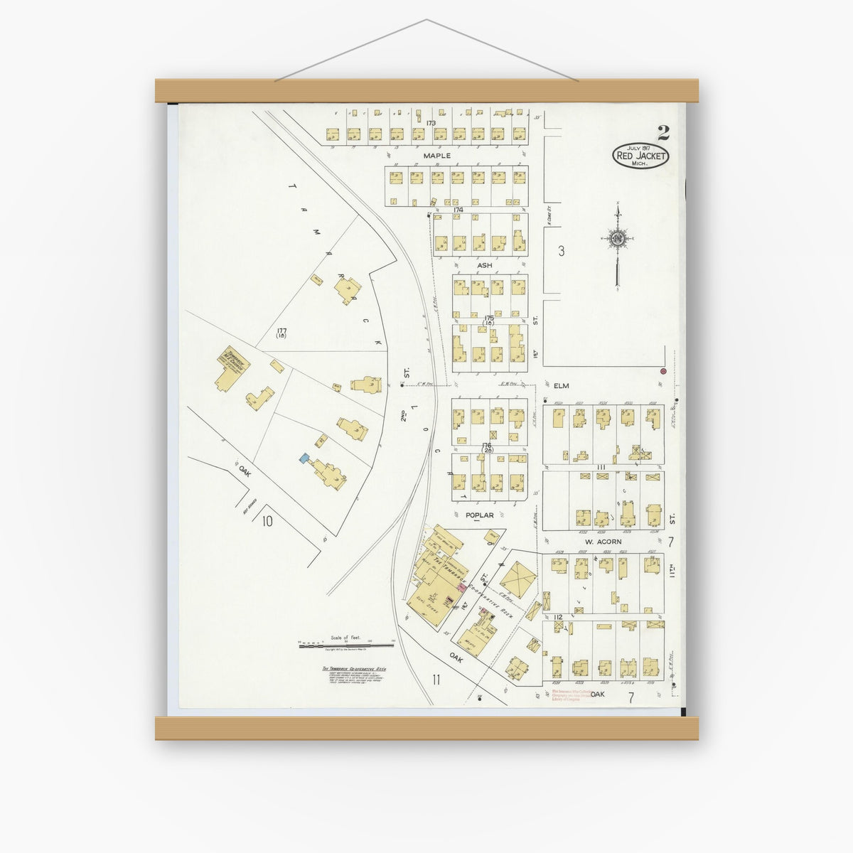 Old map wall art mockup — magnetic wood frame on white wall — Sanborn Fire Insurance Map from Red Jacket, Houghton County, Michigan (1917), Sheet #0002