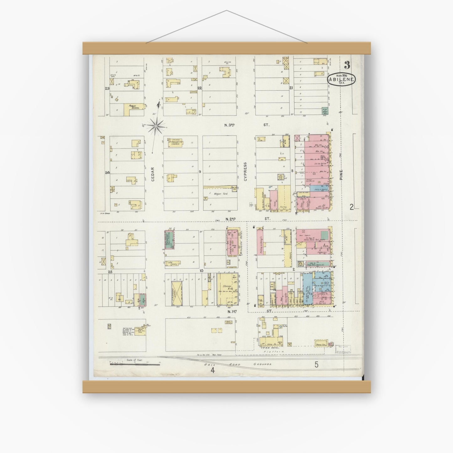 Old map wall art mockup — magnetic wood frame on white wall — Sanborn Fire Insurance Map from Abilene, Taylor County, Texas (1896), Sheet #0003