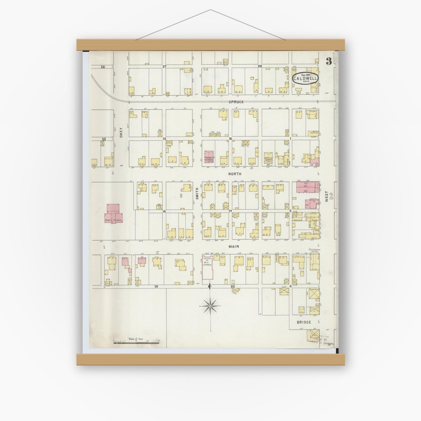 Old map wall art mockup — magnetic wood frame on white wall — Sanborn Fire Insurance Map from Caldwell, Noble County, Ohio (1895), Sheet #0003