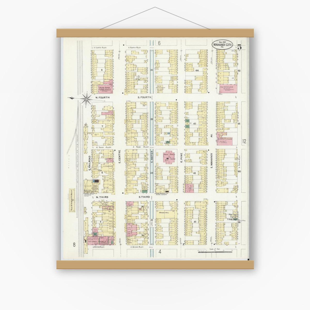 Old map wall art mockup — magnetic wood frame on white wall — Sanborn Fire Insurance Map from Mahanoy City, Schuylkill County, Pennsylvania (1907), Sheet #0005