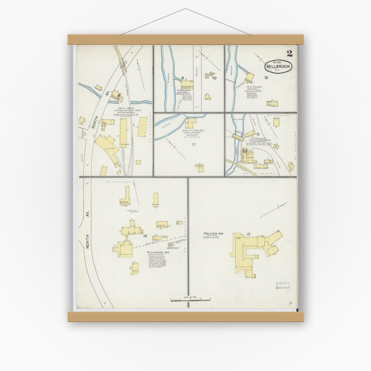 Old map wall art mockup — magnetic wood frame on white wall — Sanborn Fire Insurance Map from Millbrook, Dutchess County, New York (1892), Sheet #0002